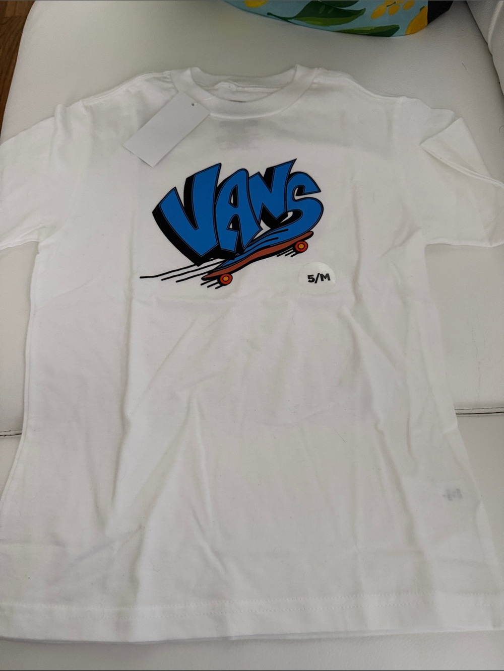 Vans White Tee with Blue Graphic Skate Logo